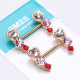 Detail View 3 of A Pair of Golden Heart Sparkle Journey Ombre Nipple Barbell-Red/Pink/Clear Gem