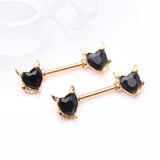 Detail View 1 of A Pair of Golden Devil Heart Sparkle Nipple Barbell-Black