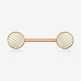 A Pair of Rose Gold Iridescent Mermaid Scale Nipple Barbell