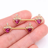 Detail View 2 of A Pair of Golden Majestic Queen's Crown Heart Sparkle Nipple Barbell-Fuchsia