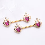 Detail View 1 of A Pair of Golden Majestic Queen's Crown Heart Sparkle Nipple Barbell-Fuchsia