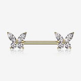 A Pair of Golden Brilliant Sparkle Marquise Butterfly Nipple Barbell