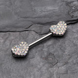 Detail View 1 of A Pair of Sparkle Multi-Gem Heart Nipple Barbell Ring-Aurora Borealis