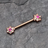 Detail View 1 of A Pair of Rose Gold Brilliant Sparkle Spring Flower Nipple Barbell-Clear Gem/Fuchsia