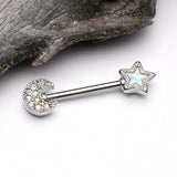 Detail View 1 of A Pair of Iridescent Aurora Sparkle Moon & Star Nipple Barbell-Aurora Borealis