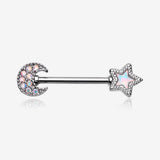 A Pair of Iridescent Aurora Sparkle Moon & Star Nipple Barbell