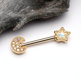 Detail View 1 of A Pair of Golden Iridescent Aurora Sparkle Moon & Star Nipple Barbell-Aurora Borealis