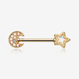A Pair of Golden Iridescent Aurora Sparkle Moon & Star Nipple Barbell