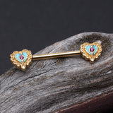 Detail View 1 of A Pair of Golden Victorian Filigree Heart Nipple Barbell-Fuchsia