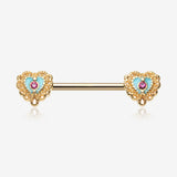A Pair of Golden Victorian Filigree Heart Nipple Barbell-Fuchsia