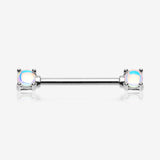 A Pair of Iridescent Revo Double Prong Gem Nipple Barbell