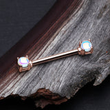 Detail View 1 of A Pair of Rose Gold Iridescent Revo Double Prong Gem Nipple Barbell