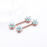 Detail View 1 of A Pair of Rose Gold Turquoise Spring Flower Sparkle Nipple Barbell