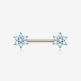 A Pair of Rose Gold Turquoise Spring Flower Sparkle Nipple Barbell