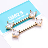 Detail View 2 of A Pair of Golden Princess Cut Square Sparkle Gem Nipple Barbell-Clear Gem