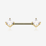 A Pair of Golden Princess Cut Square Sparkle Gem Nipple Barbell