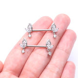Detail View 2 of A Pair of Elegant Marquise Leaflet Dangle Sparkle Nipple Barbell-Clear Gem