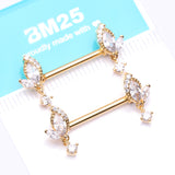 Detail View 4 of A Pair of Golden Elegant Marquise Leaflet Dangle Sparkle Nipple Barbell-Clear Gem