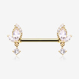 A Pair of Golden Elegant Marquise Leaflet Dangle Sparkle Nipple Barbell-Clear Gem
