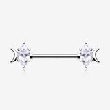 A Pair of Crescent Moon Phase Marquise Sparkle Nipple Barbell-Clear Gem