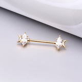 Detail View 1 of A Pair of Golden Crescent Moon Phase Marquise Sparkle Nipple Barbell-Clear Gem
