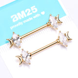 Detail View 4 of A Pair of Golden Crescent Moon Phase Marquise Sparkle Nipple Barbell-Clear Gem