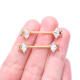 Detail View 2 of A Pair of Golden Crescent Moon Phase Marquise Sparkle Nipple Barbell-Clear Gem