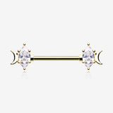 A Pair of Golden Crescent Moon Phase Marquise Sparkle Nipple Barbell