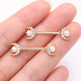 Detail View 2 of A Pair of Golden Pearlescent Crescent Moon Sparkle Nipple Barbell-Clear Gem