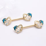 Detail View 1 of A Pair of Golden Blue Dolphin Wave Heart Sparkle Nipple Barbell-Blue