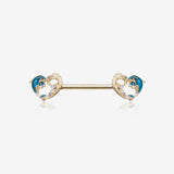 A Pair of Golden Blue Dolphin Wave Heart Sparkle Nipple Barbell