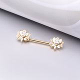 Detail View 1 of A Pair of Golden Luscious Lotus Sparkle Nipple Barbell-Clear Gem
