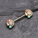 Detail View 1 of A Pair of Golden Sparkle Opal Medley Nipple Barbell Ring-Clear Gem/Teal