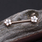 Detail View 1 of A Pair of Rose Gold Plumeria Flower Sparkle Nipple Barbell-White/Clear