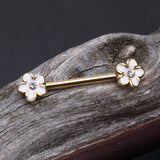 Detail View 1 of A Pair of Golden Plumeria Flower Sparkle Nipple Barbell-White/Clear