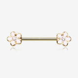 A Pair of Golden Plumeria Flower Sparkle Nipple Barbell