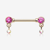 A Pair of Golden Sparkle Dazzle Dangle Droplets Nipple Barbell-Fuchsia