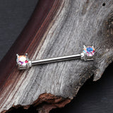 Detail View 1 of A Pair of Brilliant Sparkle Gem Prong Set Nipple Barbell-Aurora Borealis