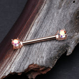 Detail View 1 of A Pair of Rose Gold Brilliant Sparkle Gem Prong Set Nipple Barbell-Aurora Borealis