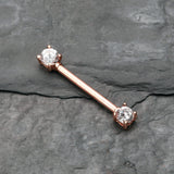 Detail View 1 of A Pair of Rose Gold Double Prong Gem Nipple Barbell Ring-Clear Gem