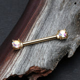 Detail View 1 of A Pair of Golden Brilliant Sparkle Gem Prong Set Nipple Barbell-Aurora Borealis