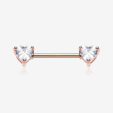 A Pair of Rose Gold Brilliant Heart Sparkle Prong Set Nipple Barbell