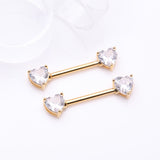 Detail View 1 of A Pair of Golden Heart Sparkle Prong Nipple Barbell-Clear Gem