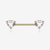 A Pair of Golden Heart Sparkle Prong Nipple Barbell-Clear Gem