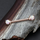 Detail View 1 of A Pair of Rose Gold Sprinkle Dot Multi-Gem Sparkle Prong Set Nipple Barbell-Aurora Borealis