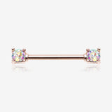 A Pair of Rose Gold Sprinkle Dot Multi-Gem Sparkle Prong Set Nipple Barbell-Aurora Borealis