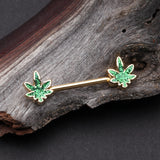 Detail View 1 of A Pair of Golden Glitter Sparkle Cannabis Nipple Barbell-Green