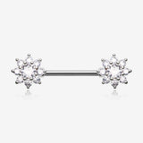 A Pair of Glistening Sparkle Flower Multi-Gem Nipple Barbell