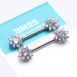 Detail View 2 of A Pair of Glistening Sparkle Flower Multi-Gem Nipple Barbell-Clear Gem