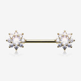 A Pair of Golden Glistening Sparkle Flower Multi-Gem Nipple Barbell